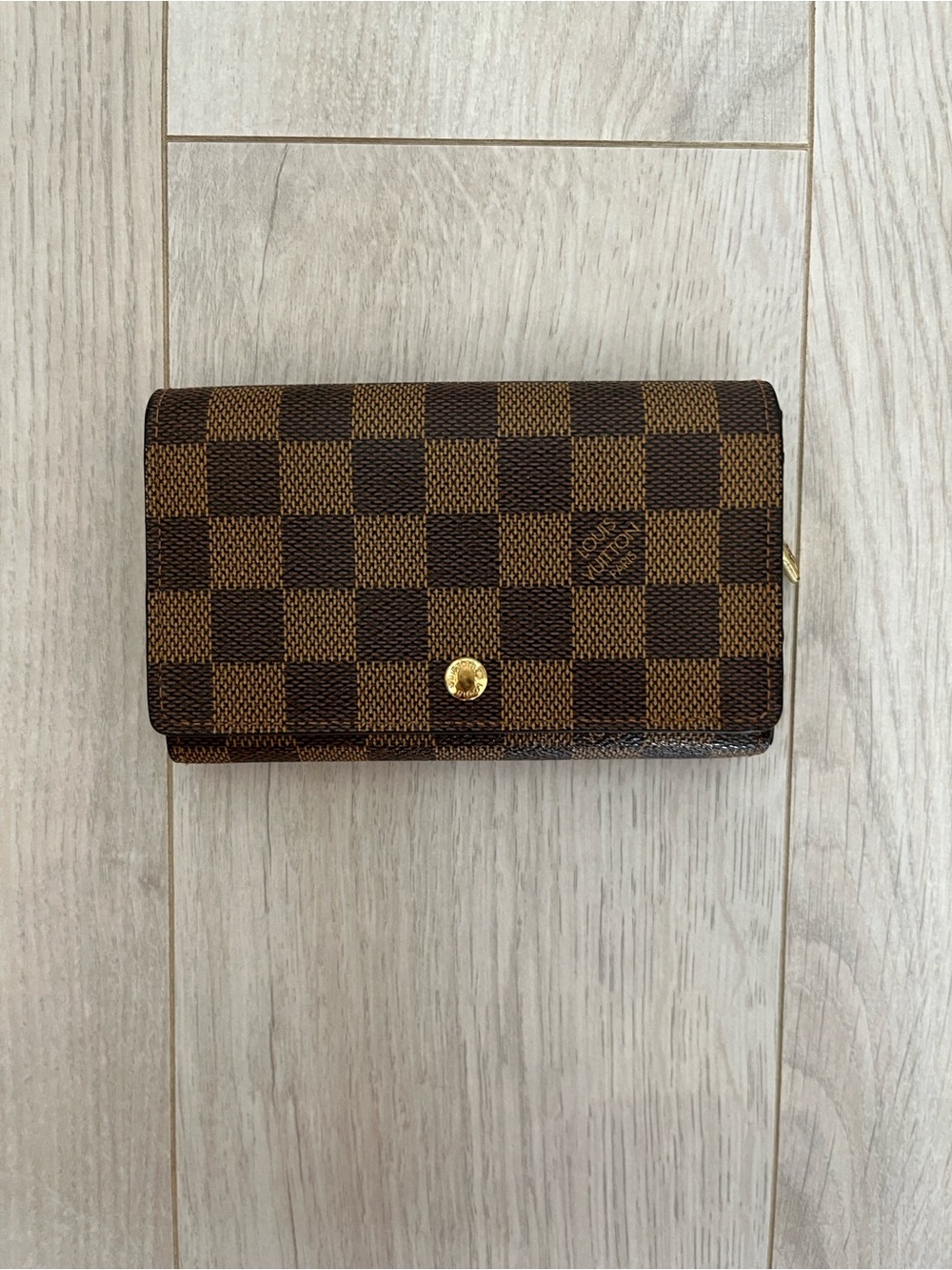 Louis Vuitton Brown Checkered Canvas Wallet with Gold Button